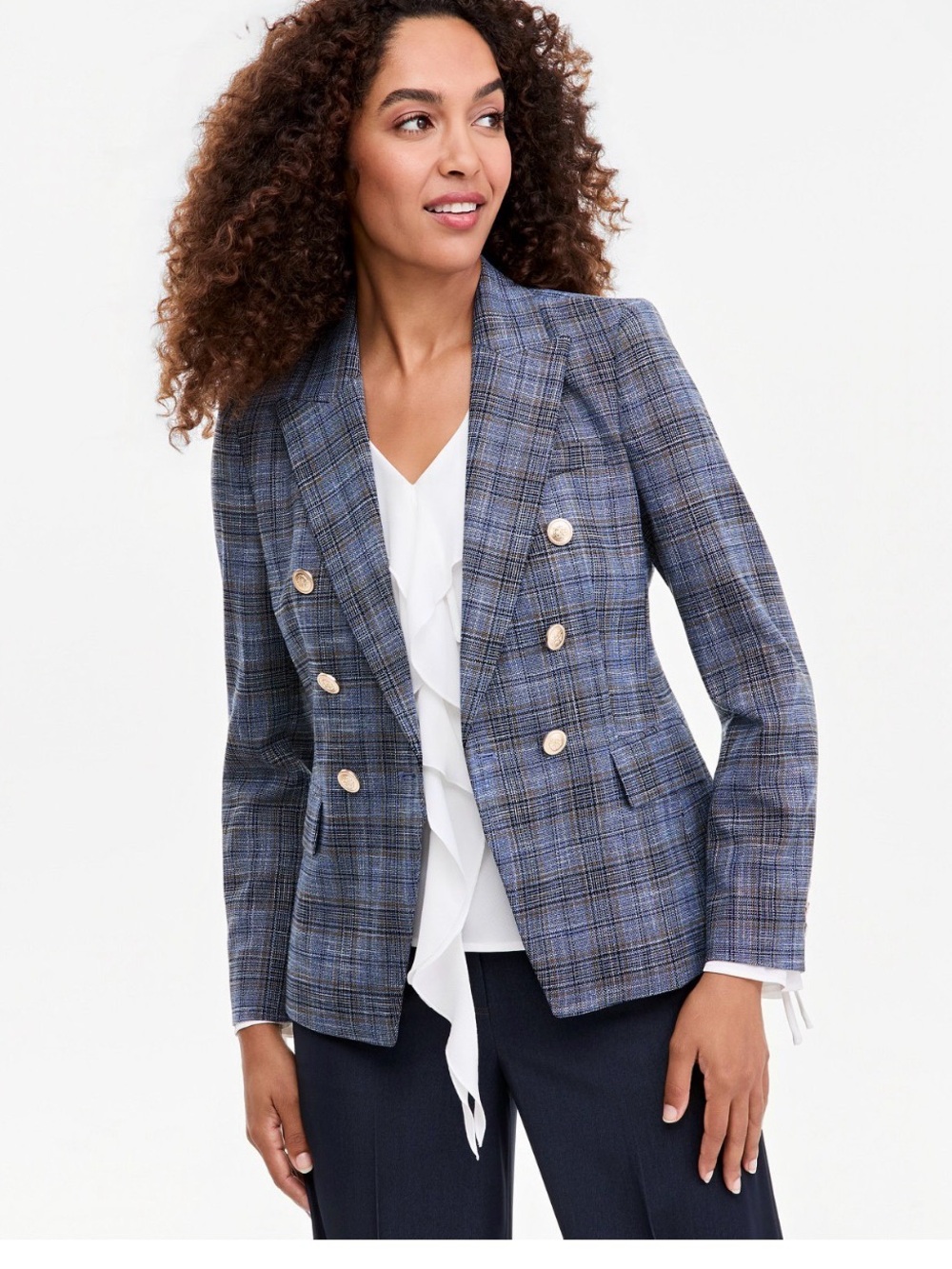 Tahari Blue Plaid Double-Breasted Blazer with Gold Buttons